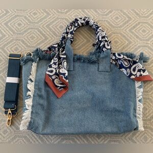 New Frayed Denim Tote Bag with Navy Paisley Scarf Detail